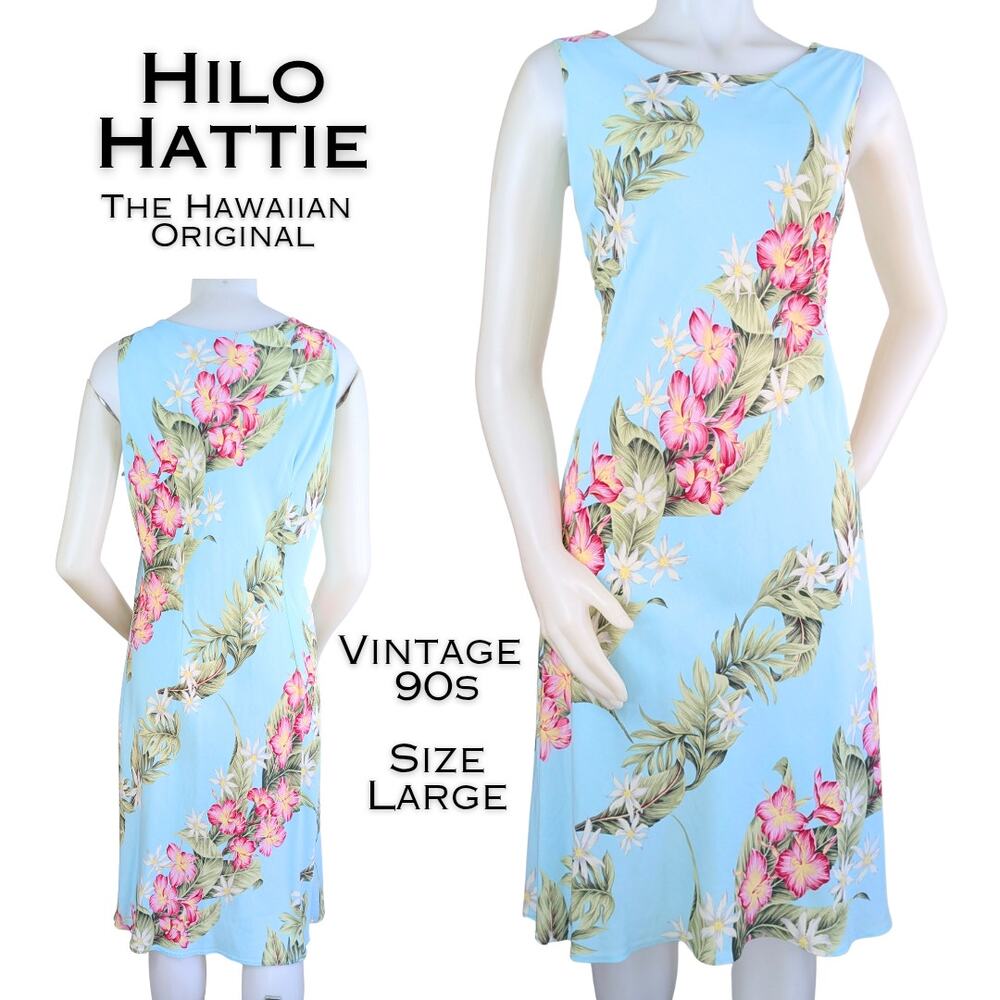 Hilo Hattie The Hawaiian Original Dress VTG 90s Large Blue Floral Sleeveless